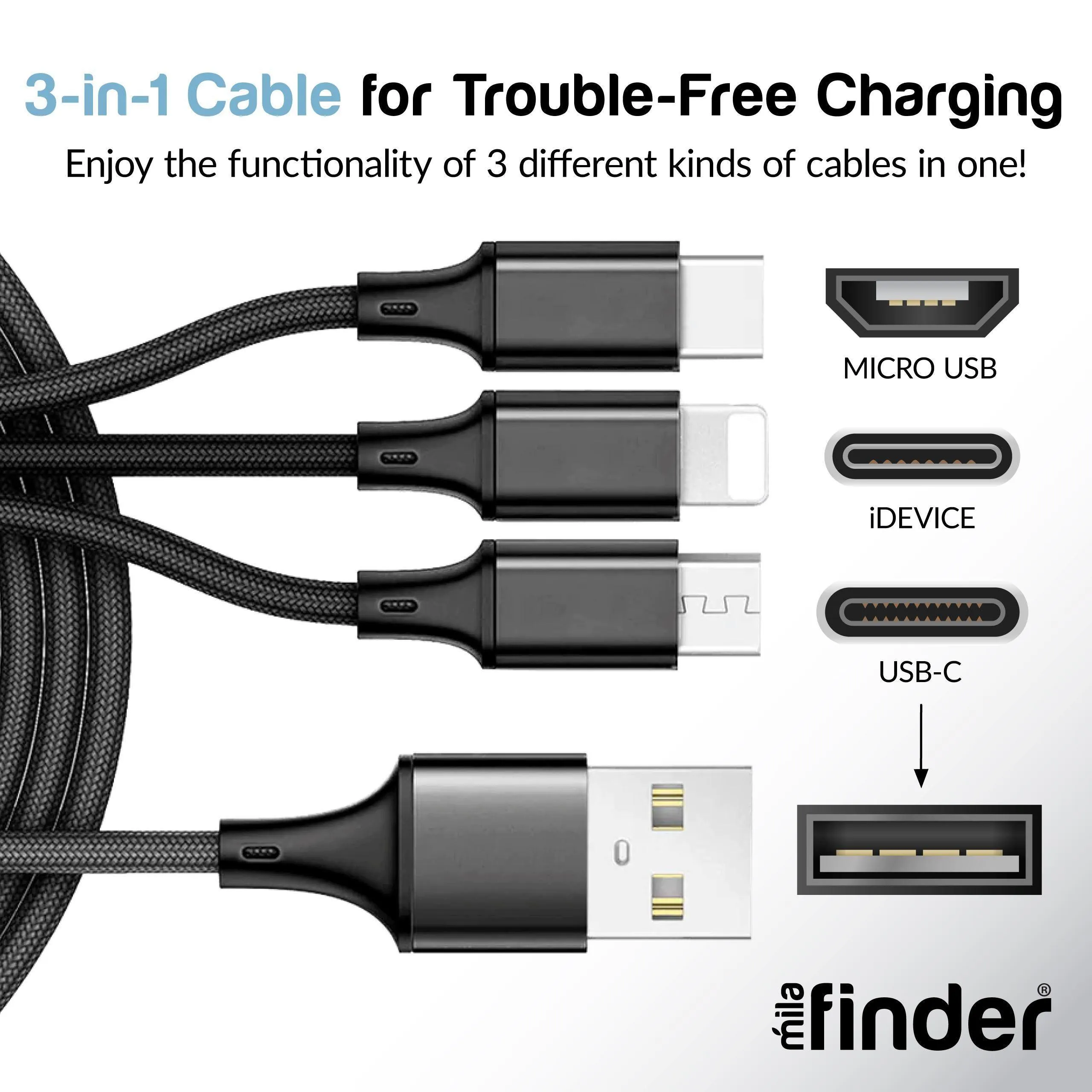 10 Foot 3-in-1 Universal Charging Cable - 60 Piece Display Bundle