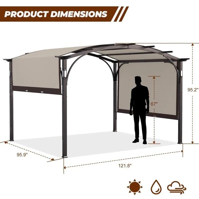 10 Ft. W x 8 Ft.D Metal Pergola with Adjustable Canopy,LED Light and Bluethooth Speaker