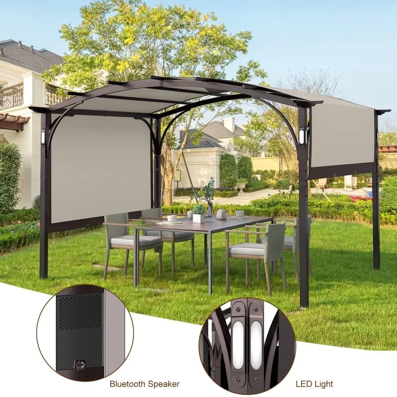10 Ft. W x 8 Ft.D Metal Pergola with Adjustable Canopy,LED Light and Bluethooth Speaker