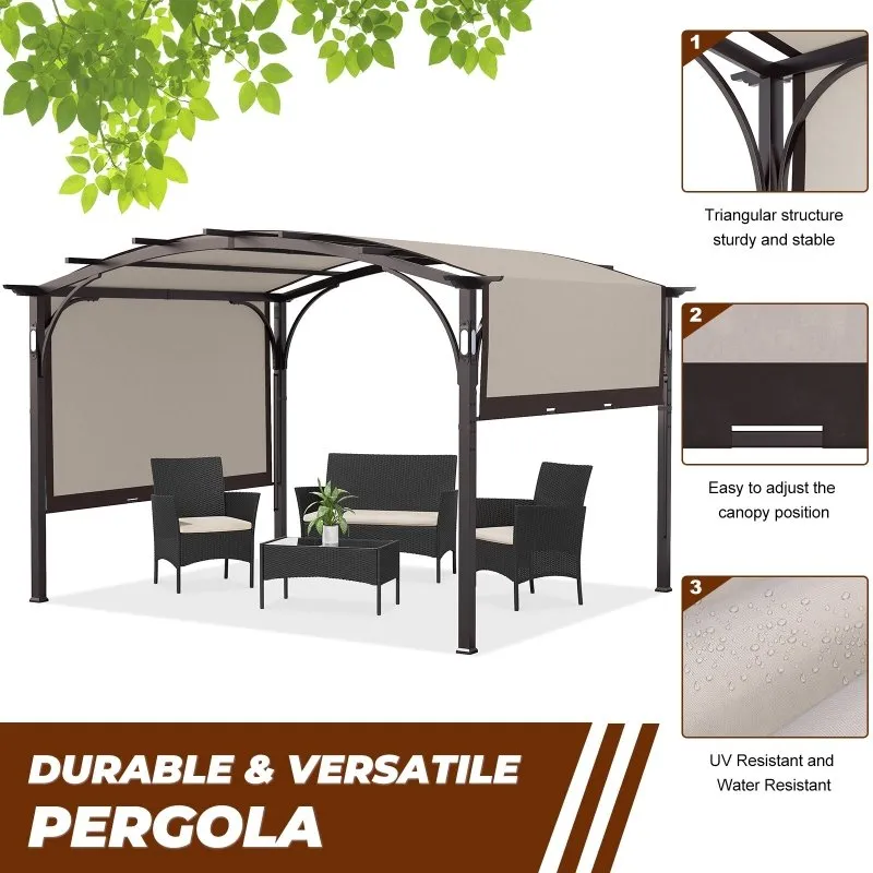 10 Ft. W x 8 Ft.D Metal Pergola with Adjustable Canopy,LED Light and Bluethooth Speaker