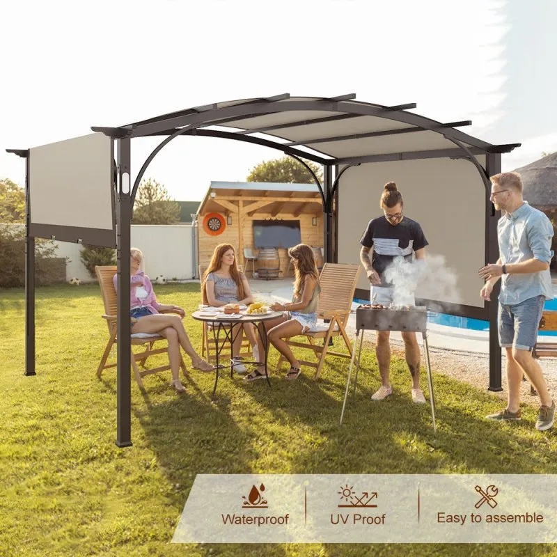 10 Ft. W x 8 Ft.D Metal Pergola with Adjustable Canopy,LED Light and Bluethooth Speaker