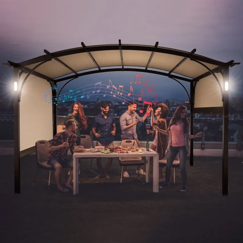 10 Ft. W x 8 Ft.D Metal Pergola with Adjustable Canopy,LED Light and Bluethooth Speaker