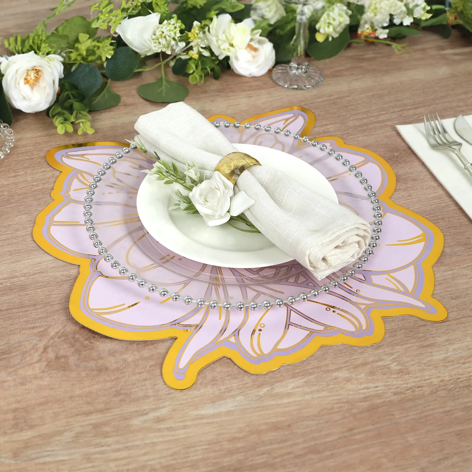 10 Pack Lavender Peony Cardboard Paper Placemats with Gold Foil Edges, 14" Lilac Disposable Floral Table Mats - 300GSM