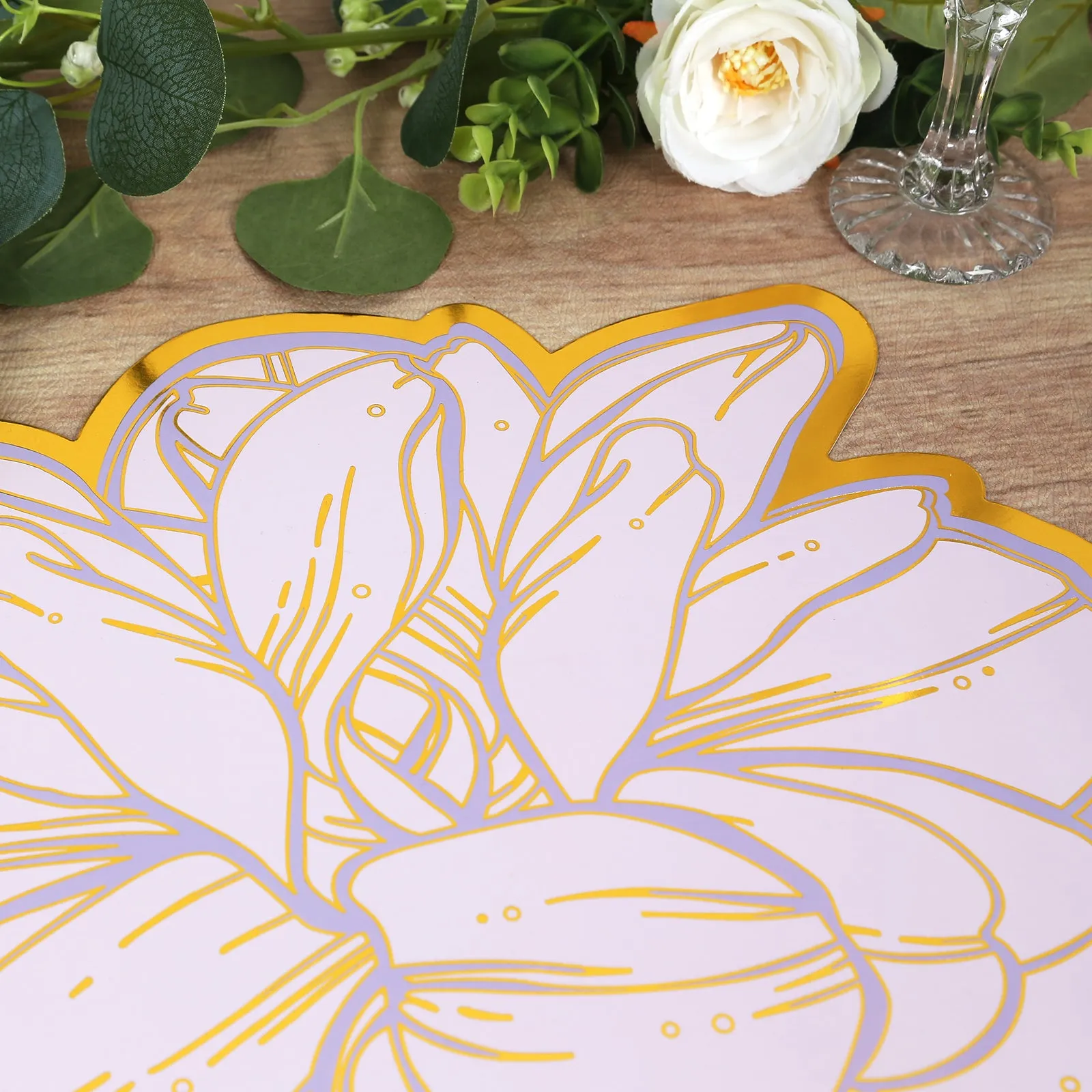 10 Pack Lavender Peony Cardboard Paper Placemats with Gold Foil Edges, 14" Lilac Disposable Floral Table Mats - 300GSM