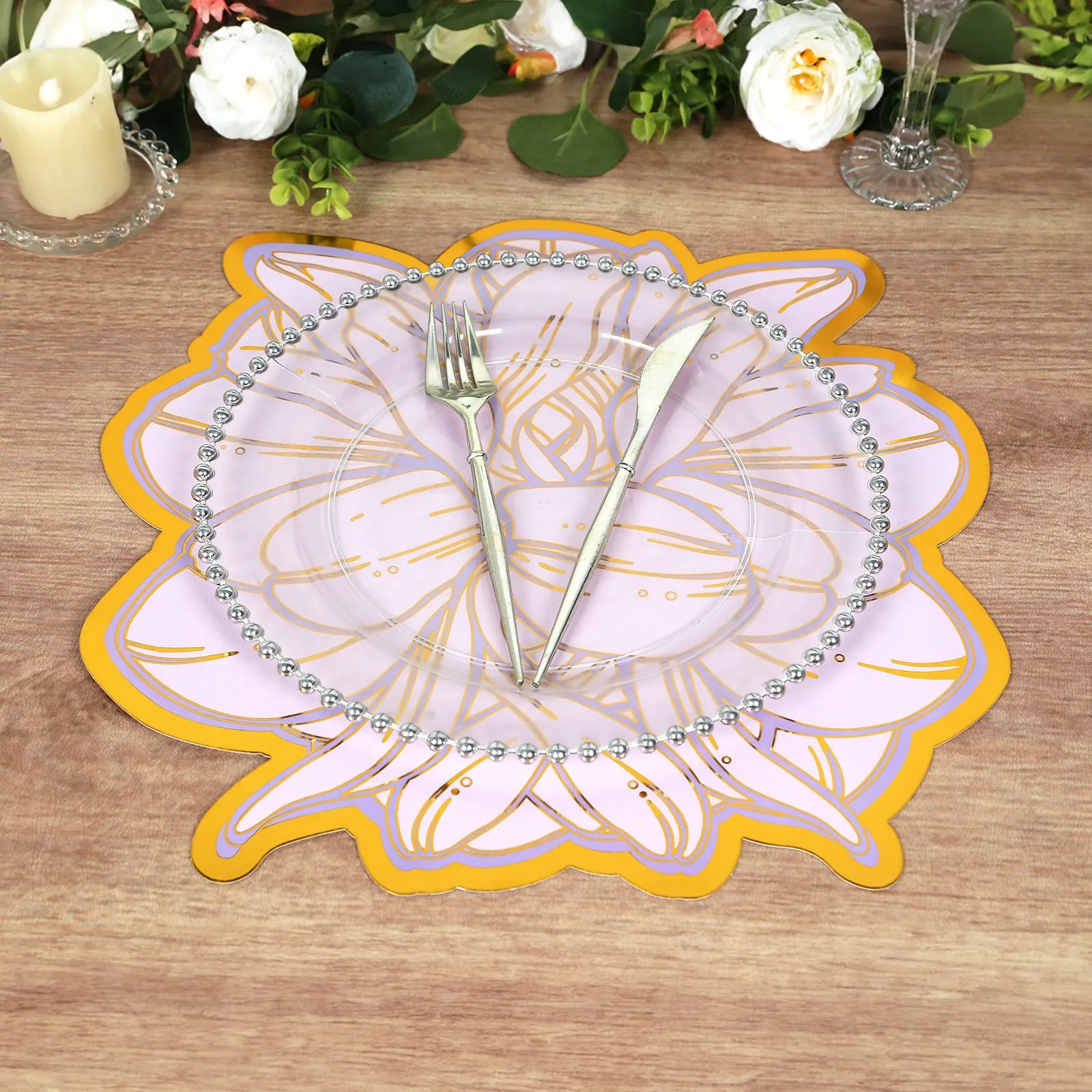 10 Pack Lavender Peony Cardboard Paper Placemats with Gold Foil Edges, 14" Lilac Disposable Floral Table Mats - 300GSM
