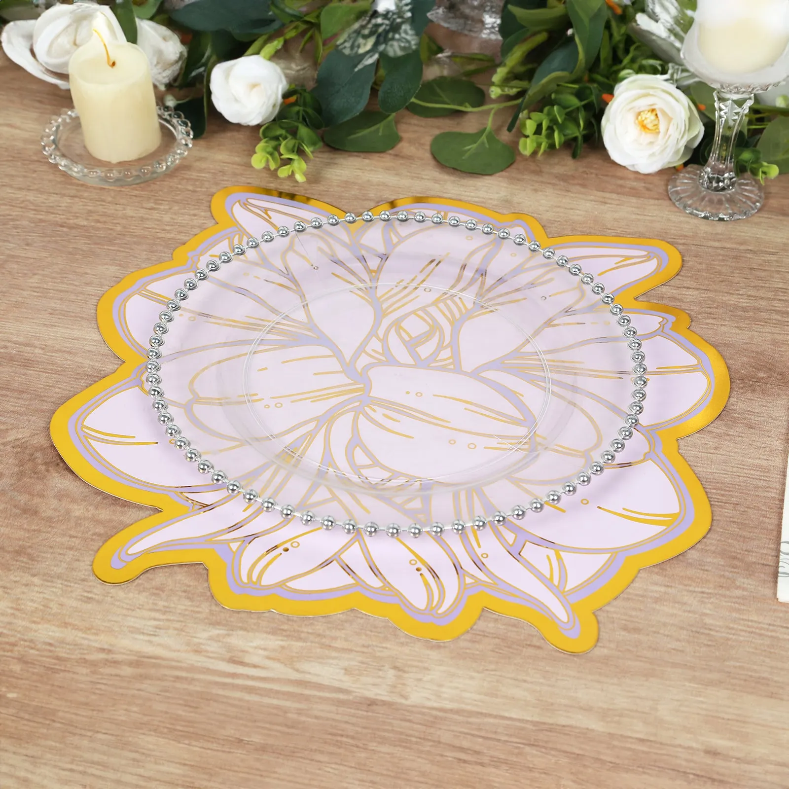 10 Pack Lavender Peony Cardboard Paper Placemats with Gold Foil Edges, 14" Lilac Disposable Floral Table Mats - 300GSM
