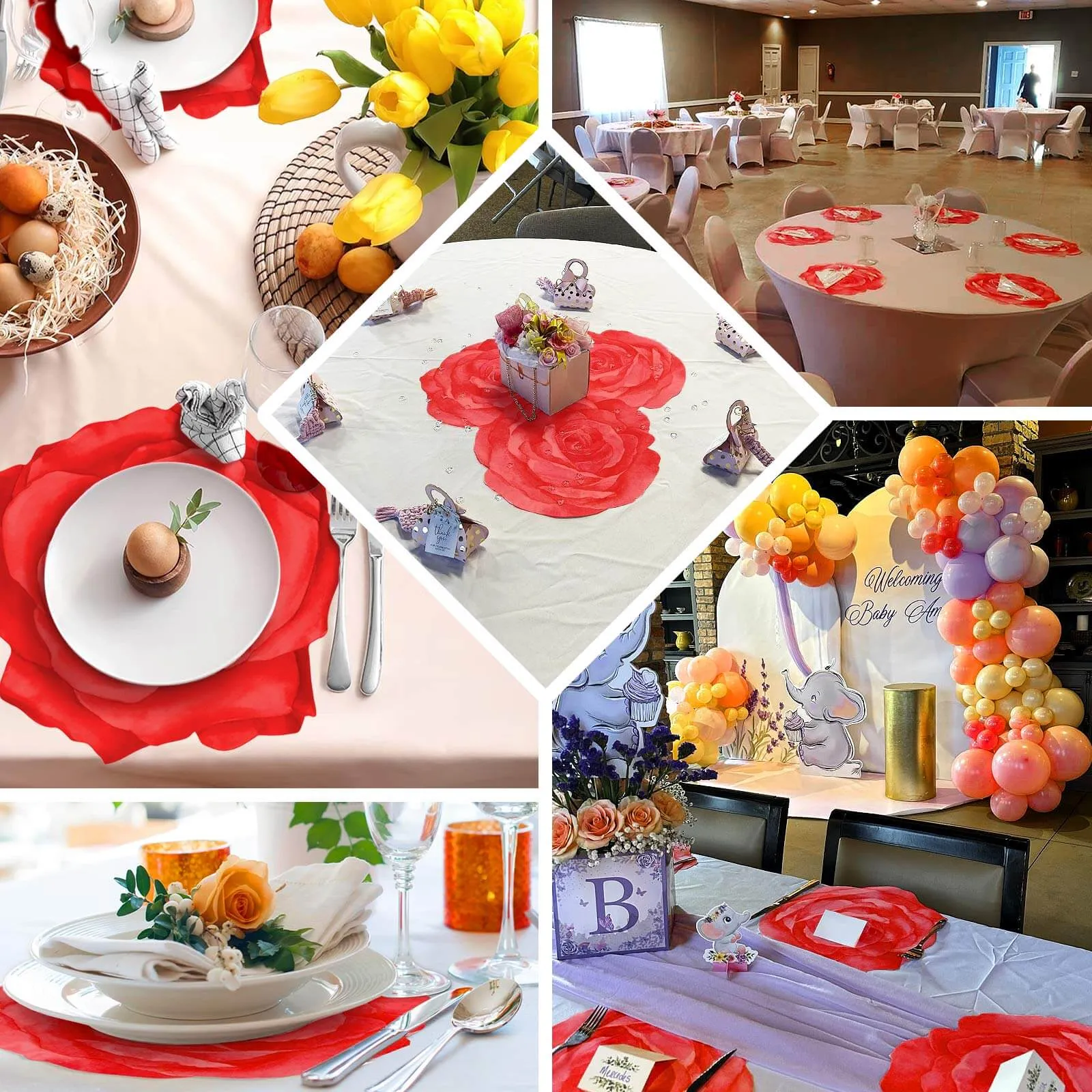 10 Pack Red Rose Flower Cardboard Paper Placemats, 14" Disposable Floral Table Mats - 400GSM