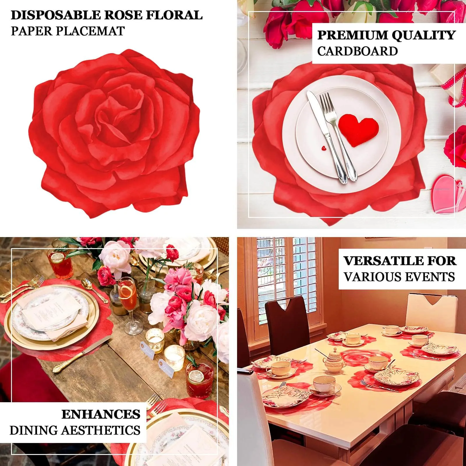 10 Pack Red Rose Flower Cardboard Paper Placemats, 14" Disposable Floral Table Mats - 400GSM