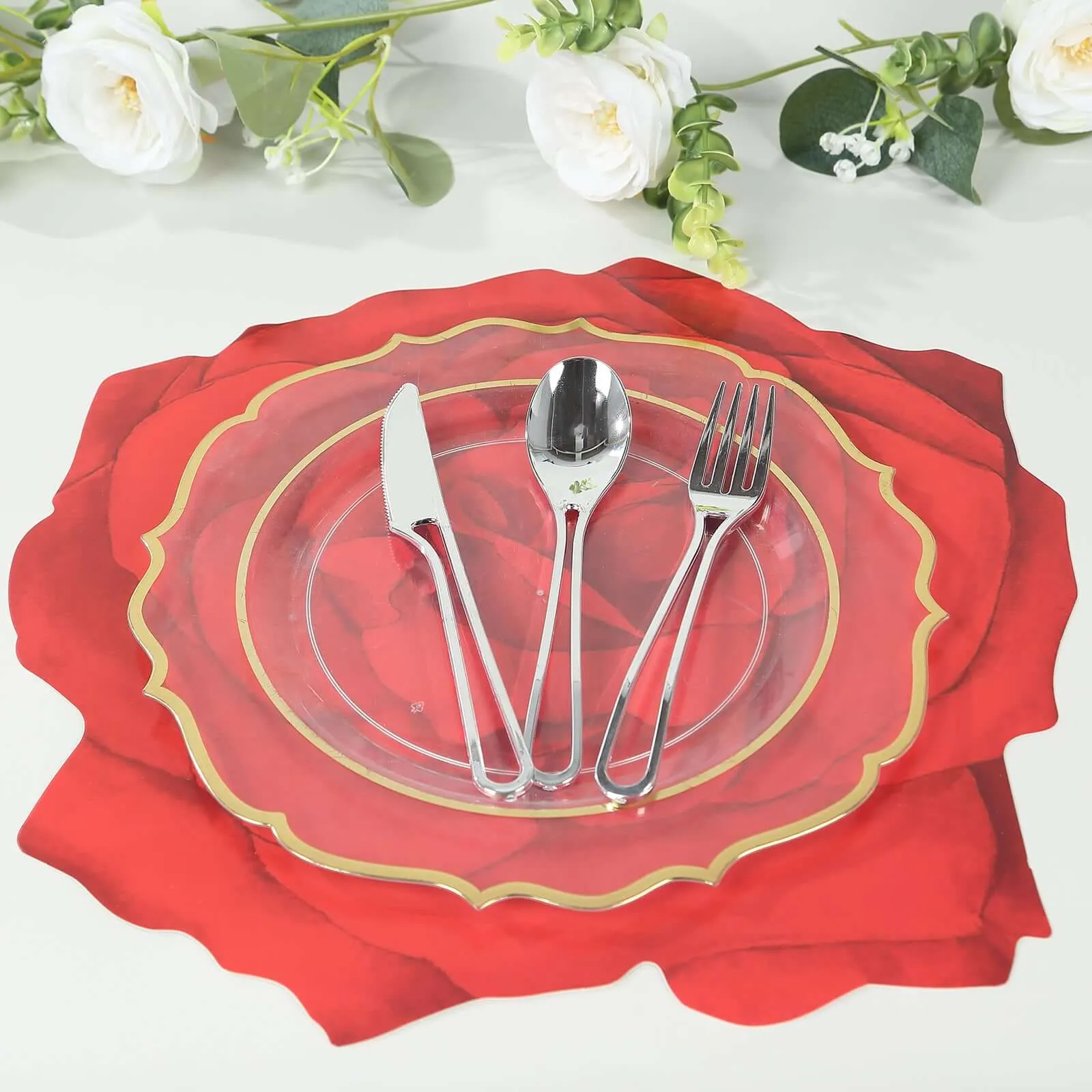 10 Pack Red Rose Flower Cardboard Paper Placemats, 14" Disposable Floral Table Mats - 400GSM