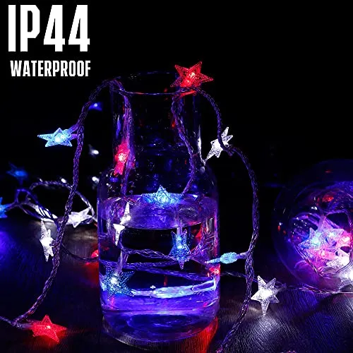 100 LED Star String Lights - Plug-in - Waterproof - Red & Blue & White - 1 Pack
