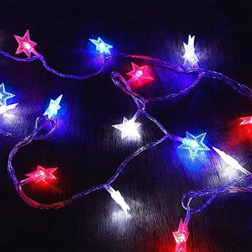 100 LED Star String Lights - Plug-in - Waterproof - Red & Blue & White - 1 Pack