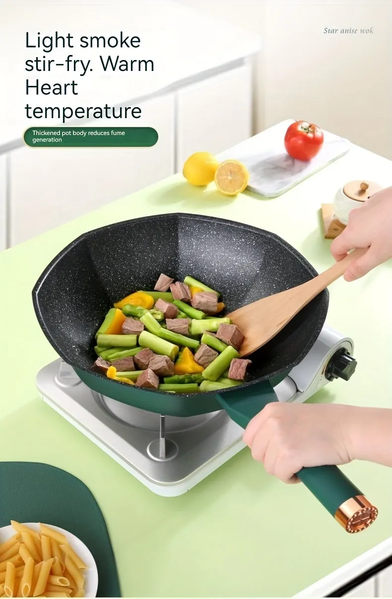 1pc 34CM Wheat Straw Stone Coated Non Stick Octagonal Frying Pan - Healthy Low-Oil Cooking, Flat Bottom for Even Heat, Induction & Gas Stove Compatible, Perfect for Household Kitchen Essentials