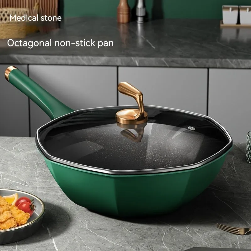 1pc 34CM Wheat Straw Stone Coated Non Stick Octagonal Frying Pan - Healthy Low-Oil Cooking, Flat Bottom for Even Heat, Induction & Gas Stove Compatible, Perfect for Household Kitchen Essentials