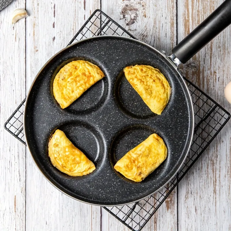 1pc Omelette Pan Mini Four Hole Flat Bottom Small Frying Pan, Breakfast Egg Dumplings Nonstick Pancake Frying Egg Mold, Kitchenware, Cookware
