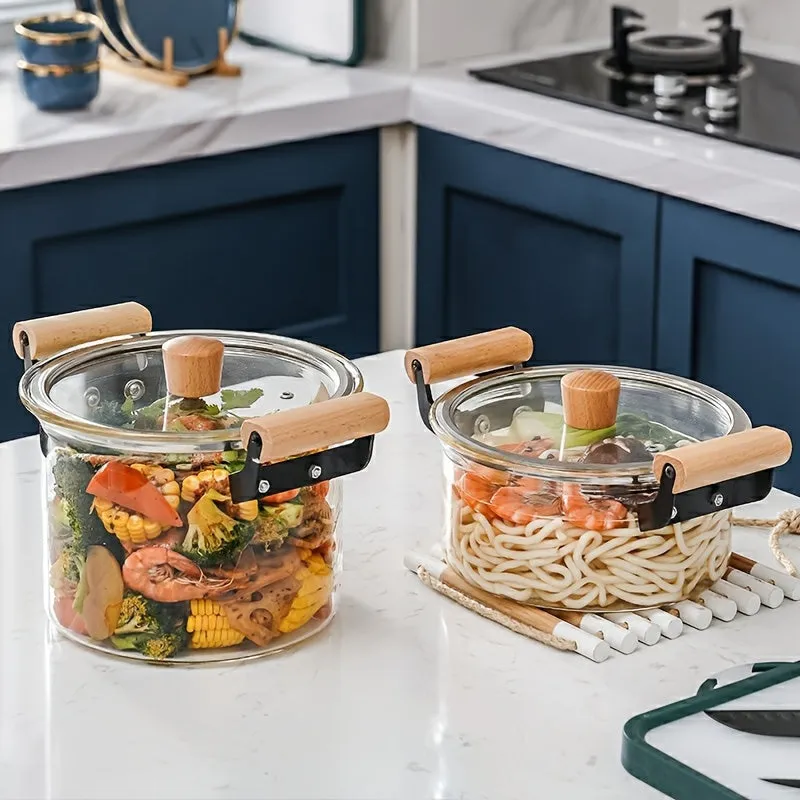 1pc Shatter-Resistant Glass Soup Pot - Ergonomic Wooden Handles, Thermal Resistant Cookware for Pasta, Noodles, Soup & More - Safe, Induction-Ready, Easy Clean, Stylish Kitchen Essential