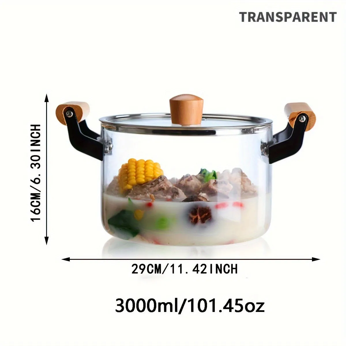 1pc Shatter-Resistant Glass Soup Pot - Ergonomic Wooden Handles, Thermal Resistant Cookware for Pasta, Noodles, Soup & More - Safe, Induction-Ready, Easy Clean, Stylish Kitchen Essential