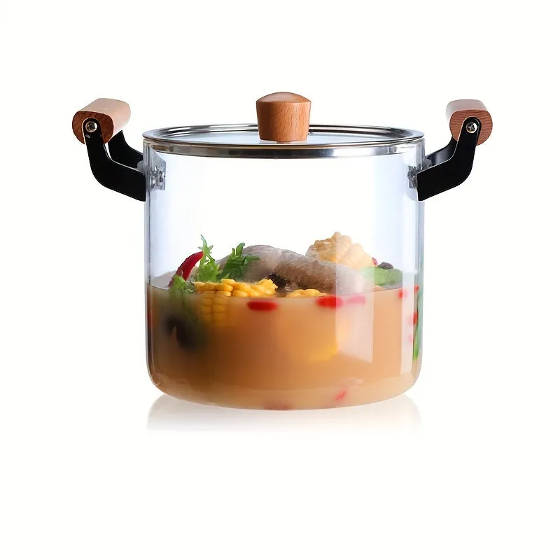 1pc Shatter-Resistant Glass Soup Pot - Ergonomic Wooden Handles, Thermal Resistant Cookware for Pasta, Noodles, Soup & More - Safe, Induction-Ready, Easy Clean, Stylish Kitchen Essential