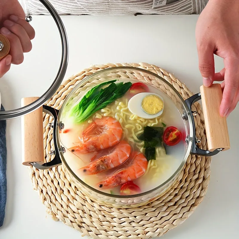 1pc Shatter-Resistant Glass Soup Pot - Ergonomic Wooden Handles, Thermal Resistant Cookware for Pasta, Noodles, Soup & More - Safe, Induction-Ready, Easy Clean, Stylish Kitchen Essential