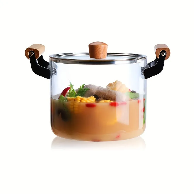 1pc Shatter-Resistant Glass Soup Pot - Ergonomic Wooden Handles, Thermal Resistant Cookware for Pasta, Noodles, Soup & More - Safe, Induction-Ready, Easy Clean, Stylish Kitchen Essential