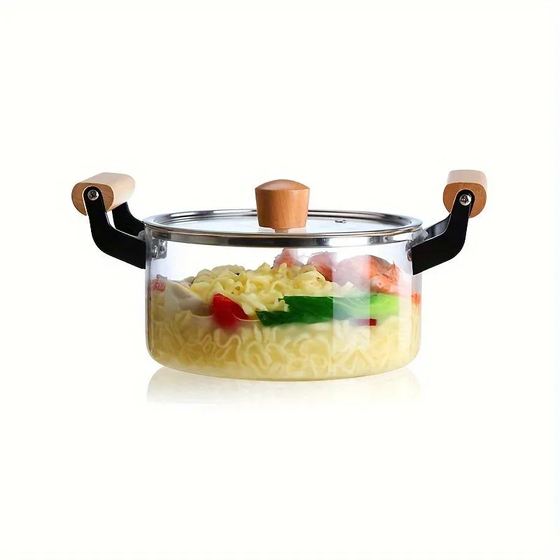 1pc Shatter-Resistant Glass Soup Pot - Ergonomic Wooden Handles, Thermal Resistant Cookware for Pasta, Noodles, Soup & More - Safe, Induction-Ready, Easy Clean, Stylish Kitchen Essential