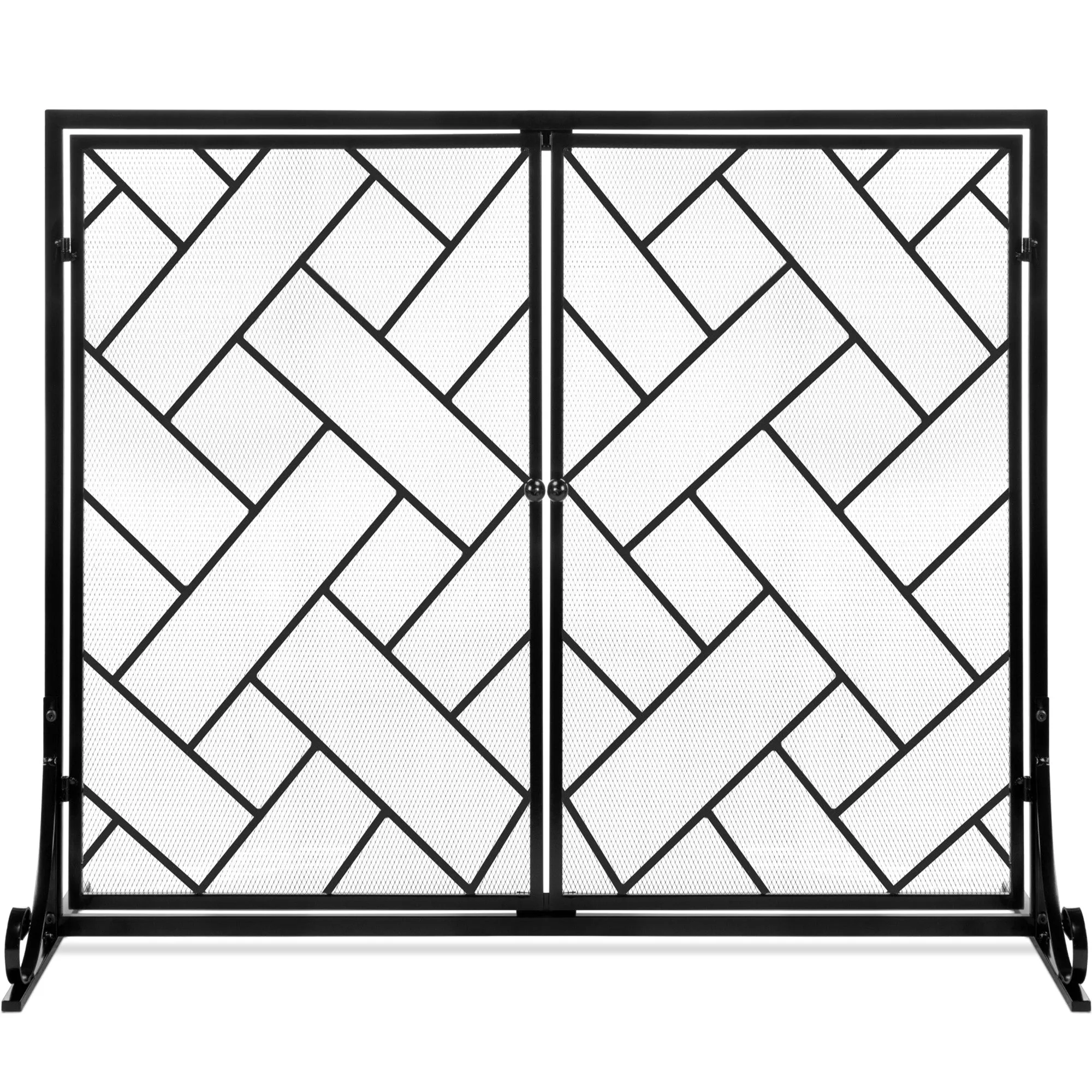 2-Panel Wrought Iron Geometric Fireplace Screen w/ Magnetic Doors - 44x33in