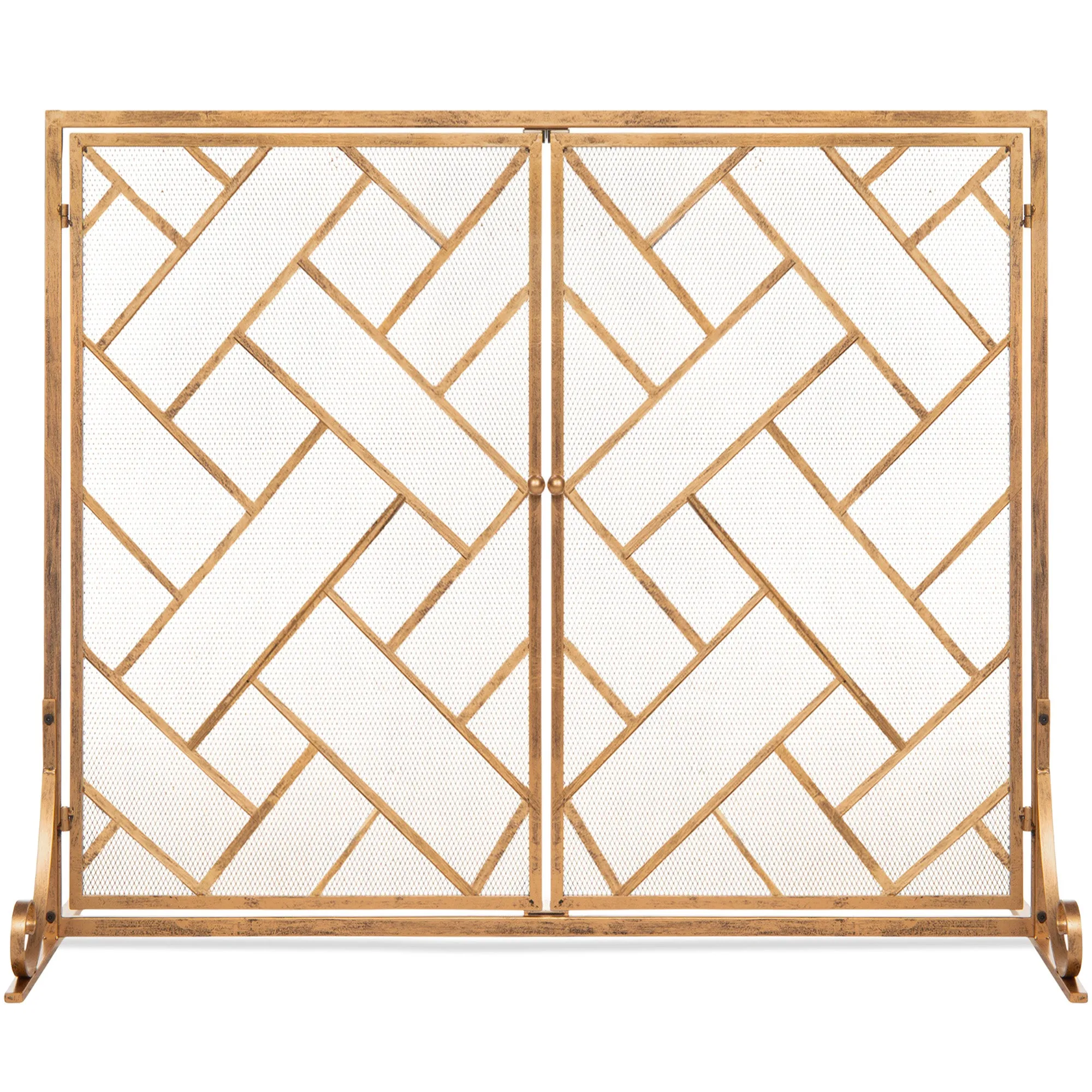 2-Panel Wrought Iron Geometric Fireplace Screen w/ Magnetic Doors - 44x33in