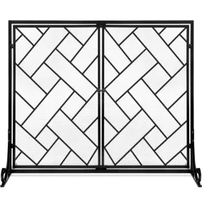 2-Panel Wrought Iron Geometric Fireplace Screen w/ Magnetic Doors - 44x33in