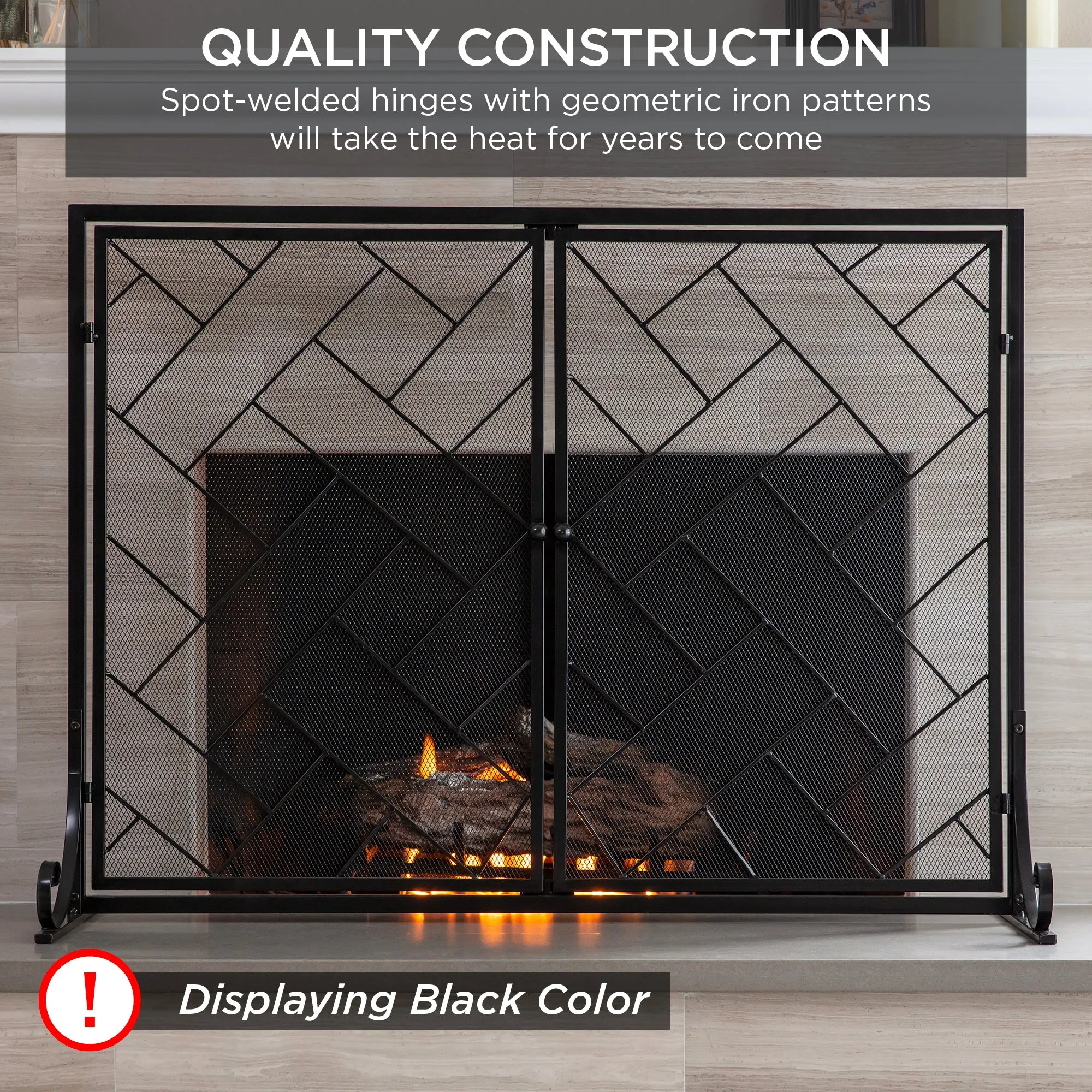 2-Panel Wrought Iron Geometric Fireplace Screen w/ Magnetic Doors - 44x33in