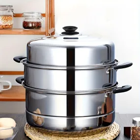 3-Tier Stainless Steel Steamer Set with Lid - Versatile Cooking Pot for Vegetables, Dumplings & Soups - Compatible with Induction & Gas Stoves