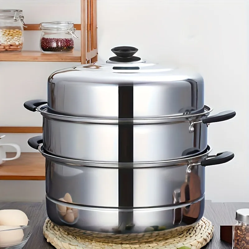 3-Tier Stainless Steel Steamer Set with Lid - Versatile Cooking Pot for Vegetables, Dumplings & Soups - Compatible with Induction & Gas Stoves