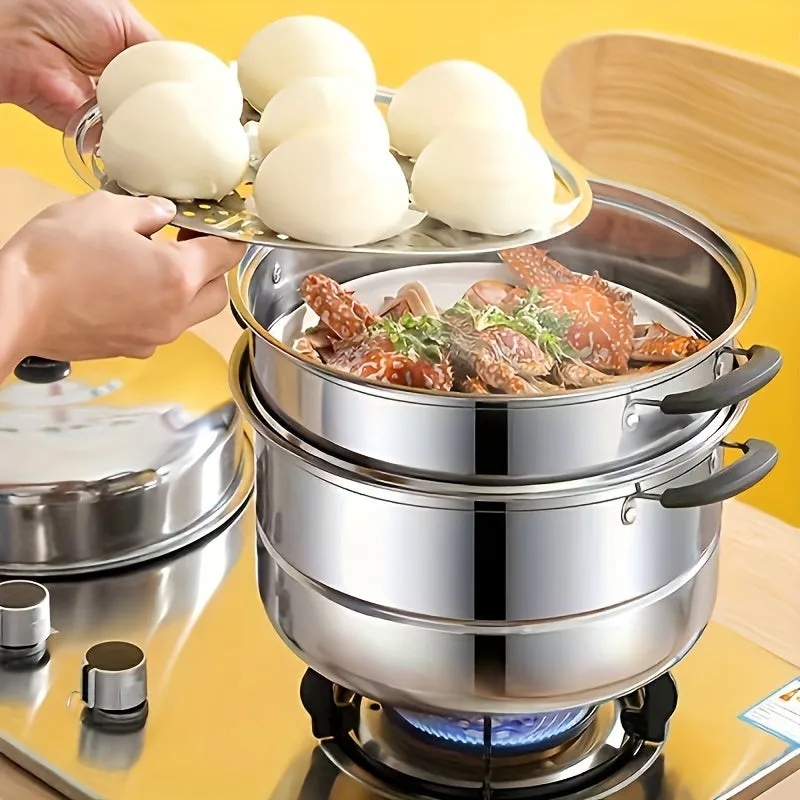 3-Tier Stainless Steel Steamer Set with Lid - Versatile Cooking Pot for Vegetables, Dumplings & Soups - Compatible with Induction & Gas Stoves
