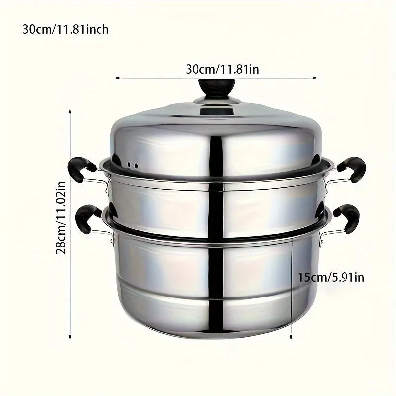 3-Tier Stainless Steel Steamer Set with Lid - Versatile Cooking Pot for Vegetables, Dumplings & Soups - Compatible with Induction & Gas Stoves