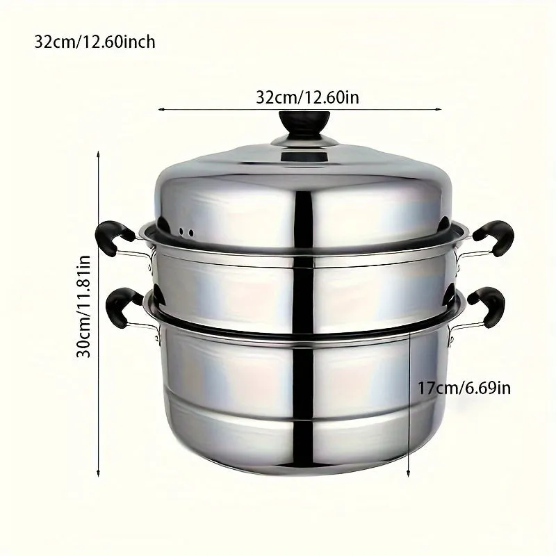 3-Tier Stainless Steel Steamer Set with Lid - Versatile Cooking Pot for Vegetables, Dumplings & Soups - Compatible with Induction & Gas Stoves