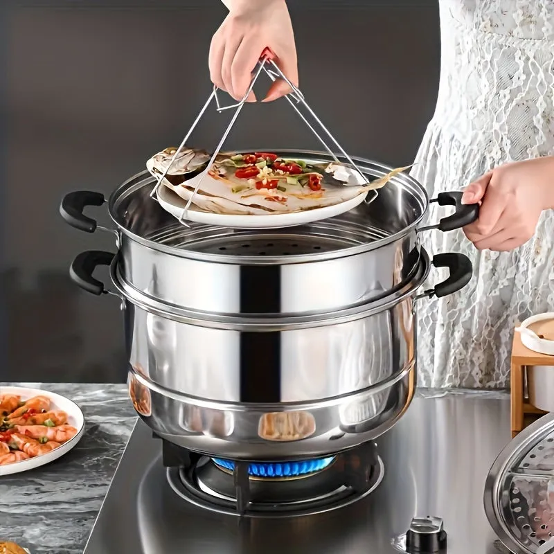 3-Tier Stainless Steel Steamer Set with Lid - Versatile Cooking Pot for Vegetables, Dumplings & Soups - Compatible with Induction & Gas Stoves