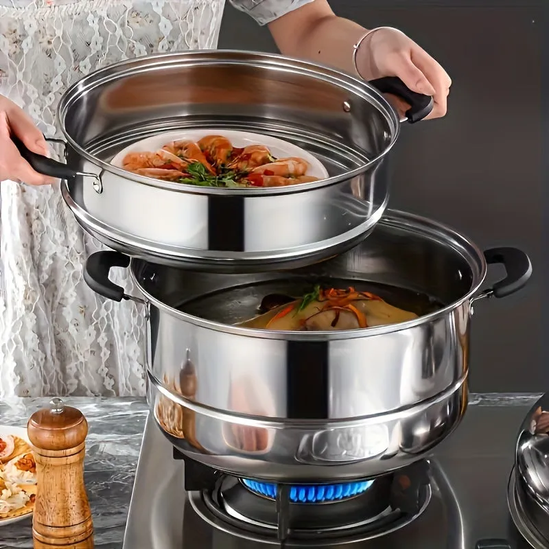 3-Tier Stainless Steel Steamer Set with Lid - Versatile Cooking Pot for Vegetables, Dumplings & Soups - Compatible with Induction & Gas Stoves