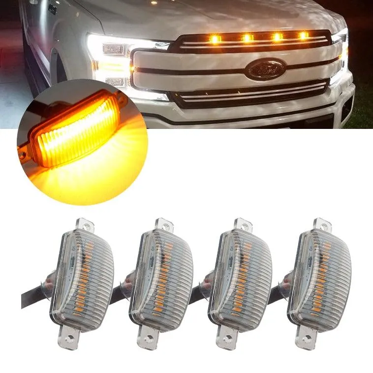 (4pcs/set) LED Front Hood Grille Lights Raptor Style Amber Light Fit for Pickup Truck Off-Road SUV (Amber Shell/ Smoked Shell)