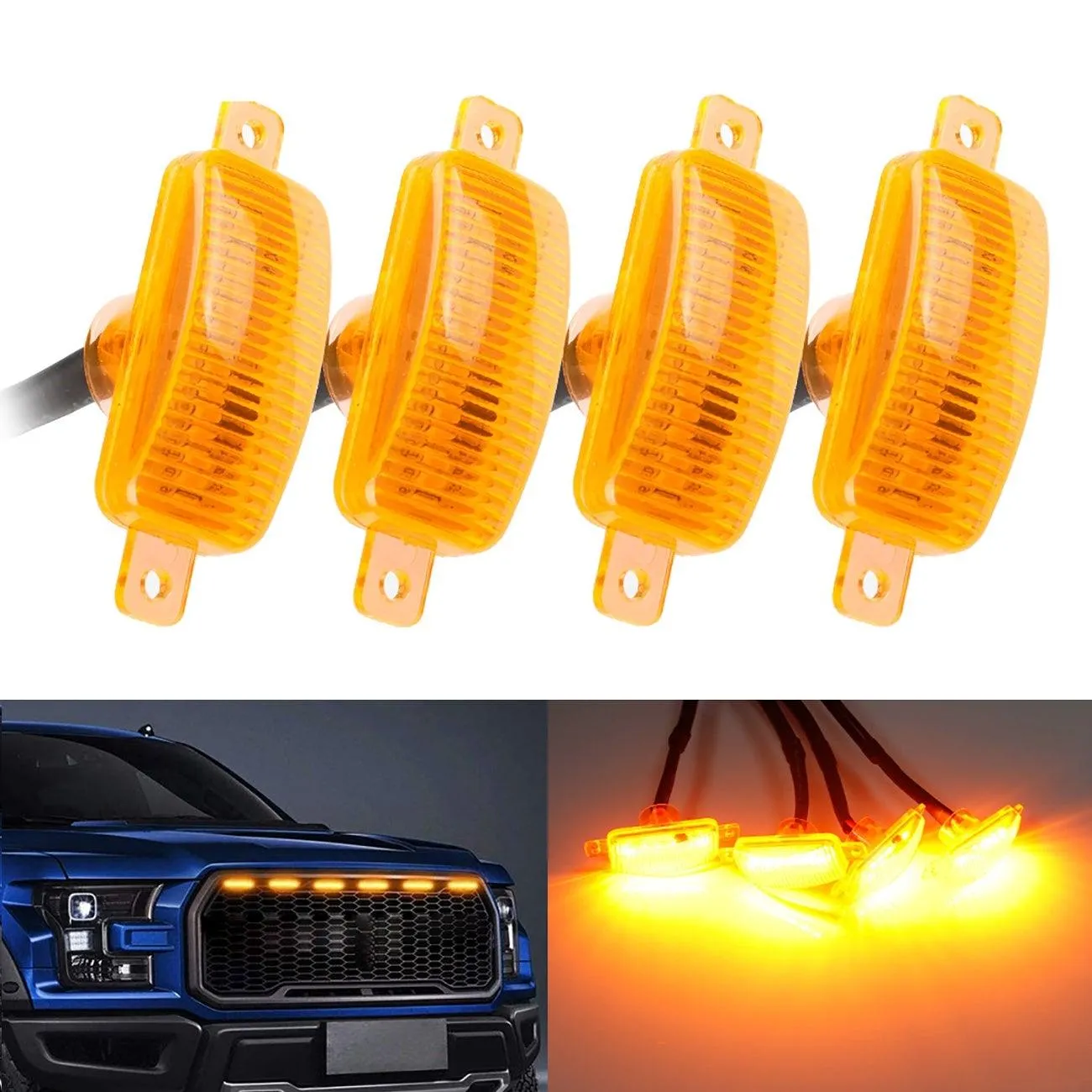 (4pcs/set) LED Front Hood Grille Lights Raptor Style Amber Light Fit for Pickup Truck Off-Road SUV (Amber Shell/ Smoked Shell)