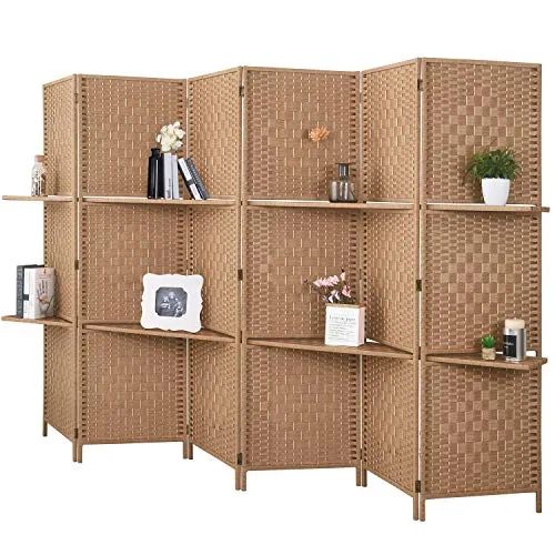 6 ft Tall Extra Wide 6 Panels Room Divider Folding Screen 2 Display Shelves