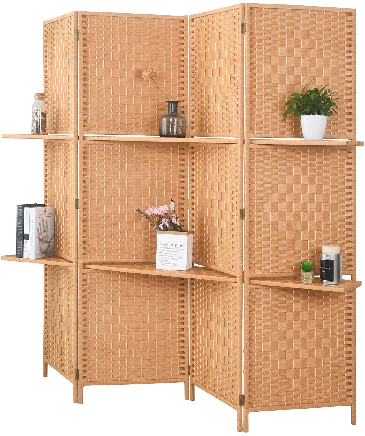 6 ft Tall Extra Wide 6 Panels Room Divider Folding Screen 2 Display Shelves