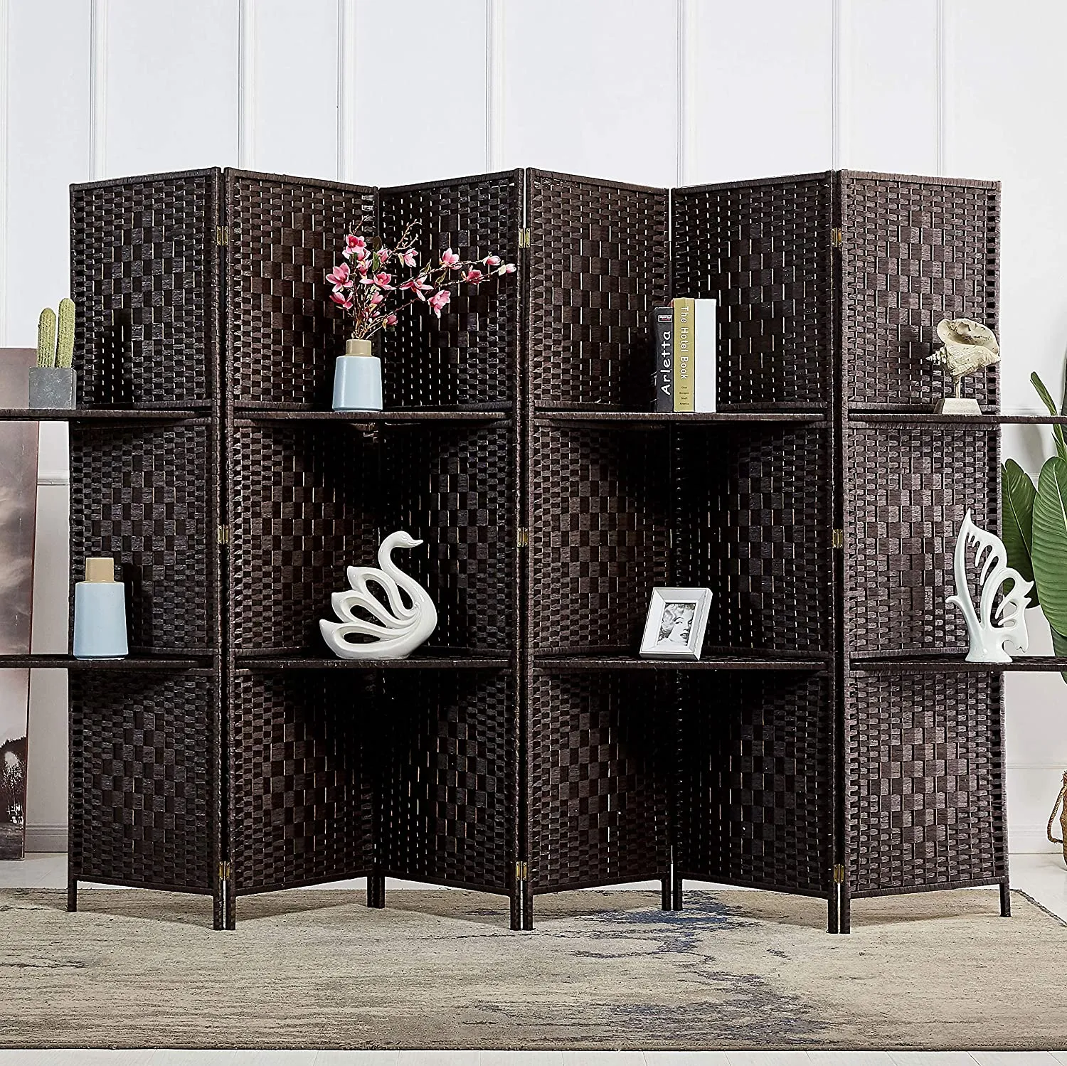 6 ft Tall Extra Wide 6 Panels Room Divider Folding Screen 2 Display Shelves