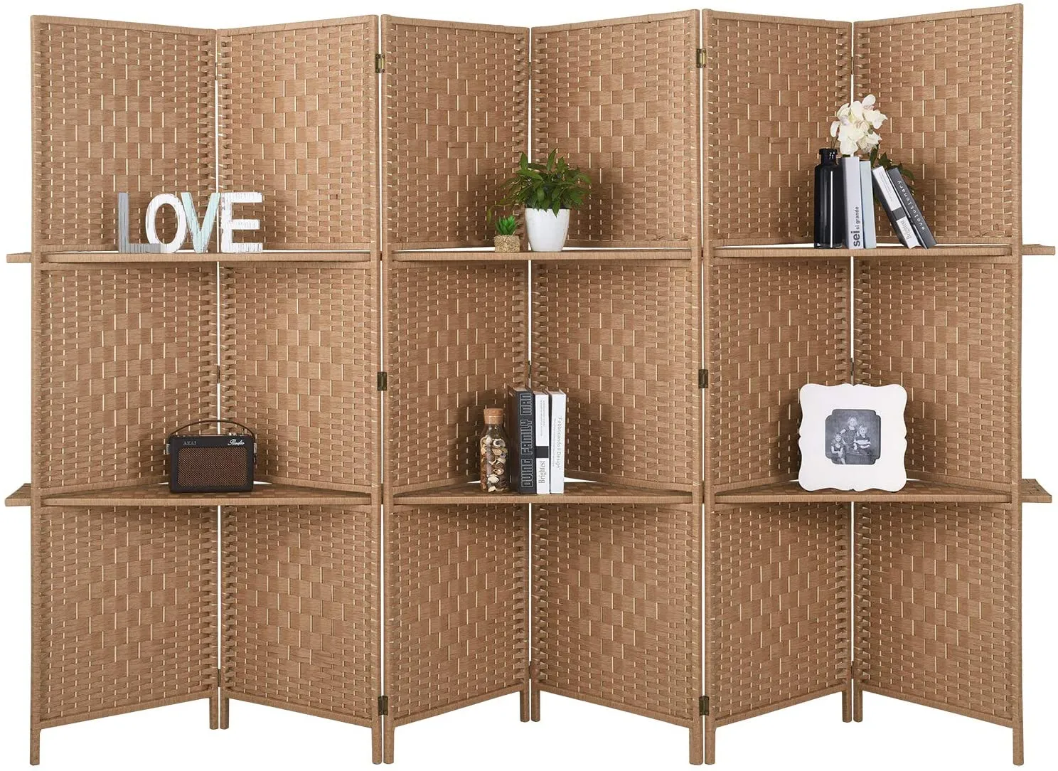 6 ft Tall Extra Wide 6 Panels Room Divider Folding Screen 2 Display Shelves