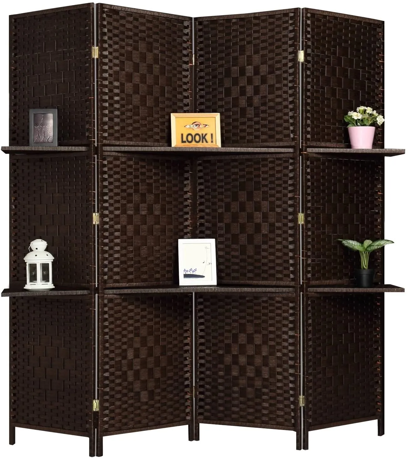 6 ft Tall Extra Wide 6 Panels Room Divider Folding Screen 2 Display Shelves