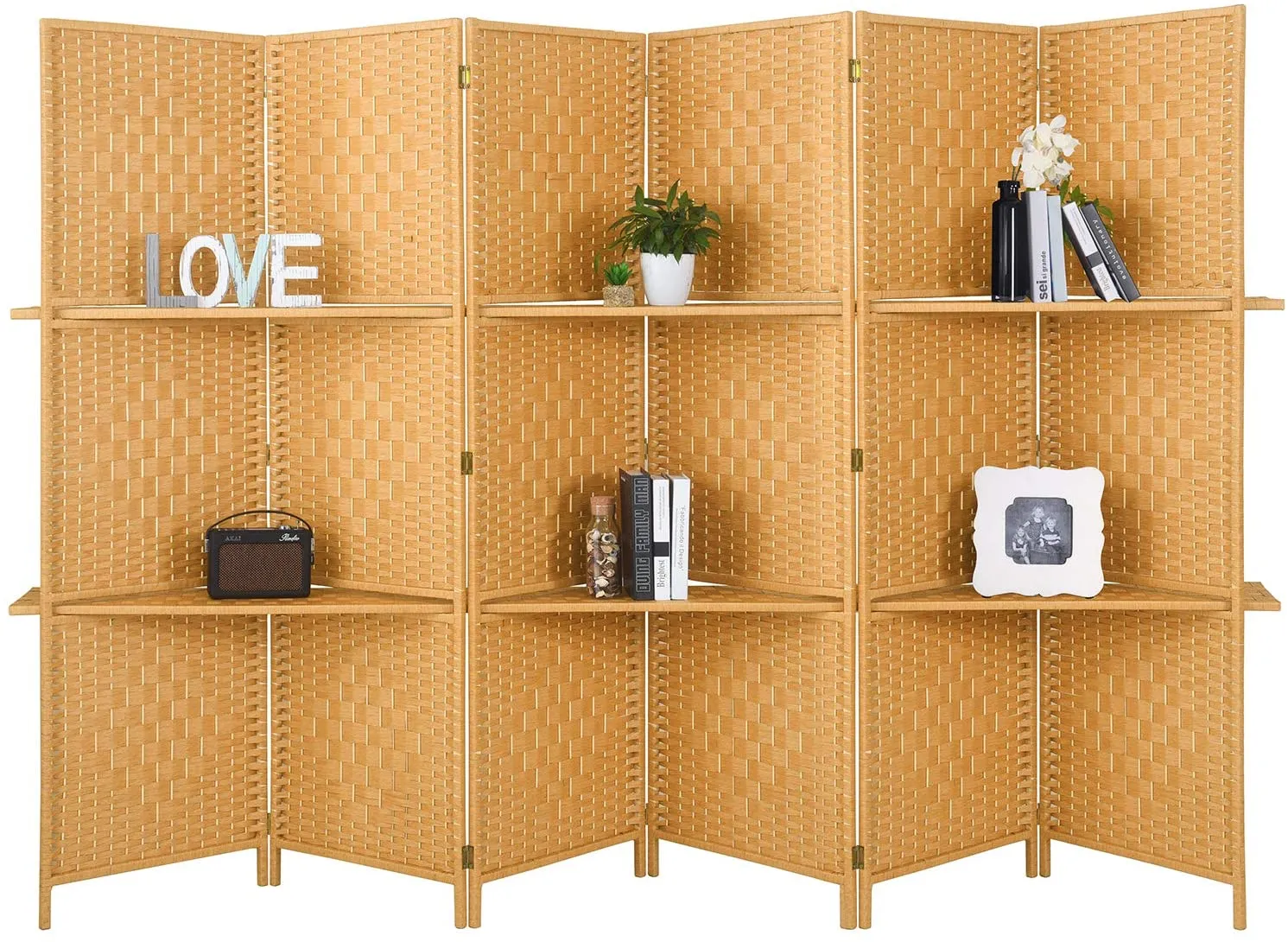 6 ft Tall Extra Wide 6 Panels Room Divider Folding Screen 2 Display Shelves