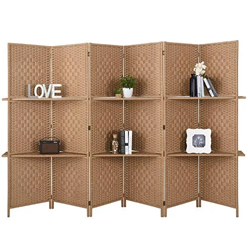 6 ft Tall Extra Wide 6 Panels Room Divider Folding Screen 2 Display Shelves