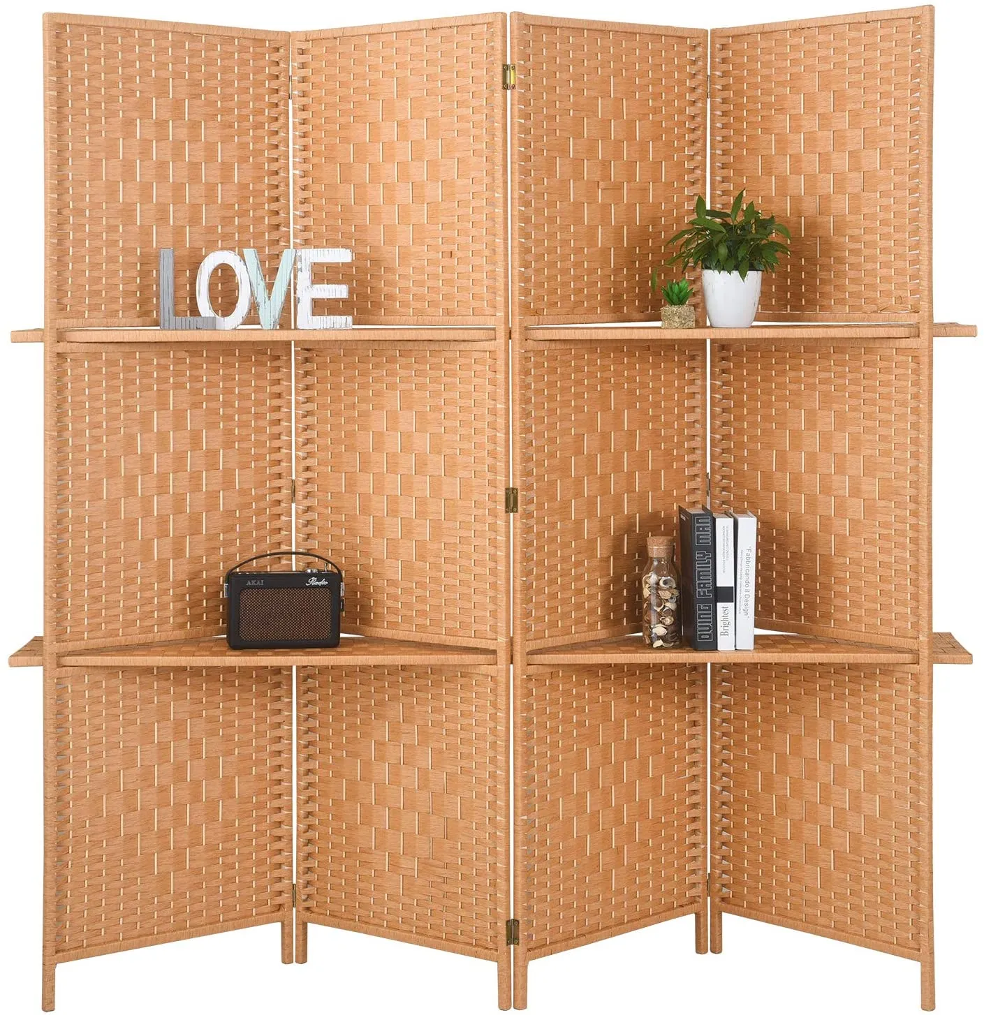 6 ft Tall Extra Wide 6 Panels Room Divider Folding Screen 2 Display Shelves