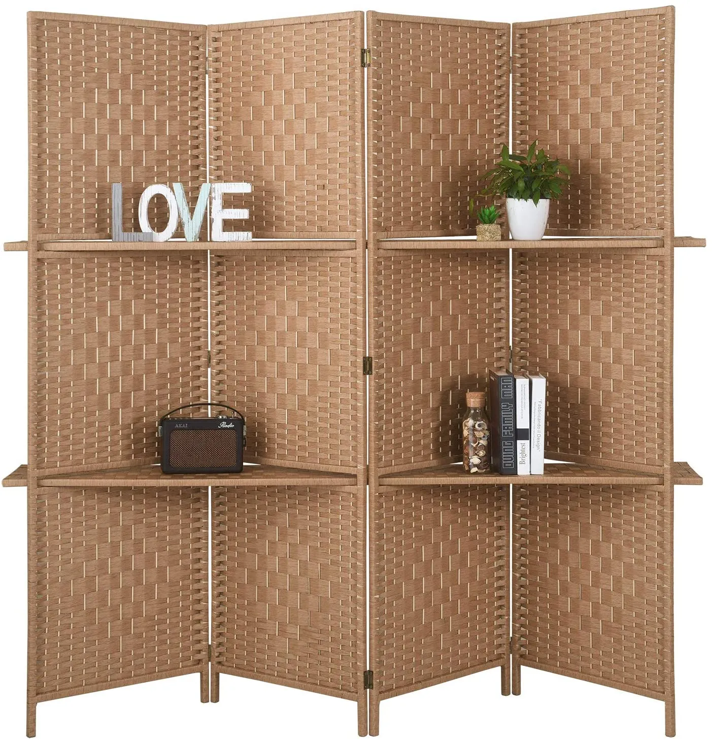 6 ft Tall Extra Wide 6 Panels Room Divider Folding Screen 2 Display Shelves