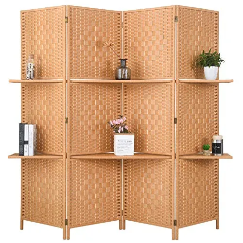 6 ft Tall Extra Wide 6 Panels Room Divider Folding Screen 2 Display Shelves