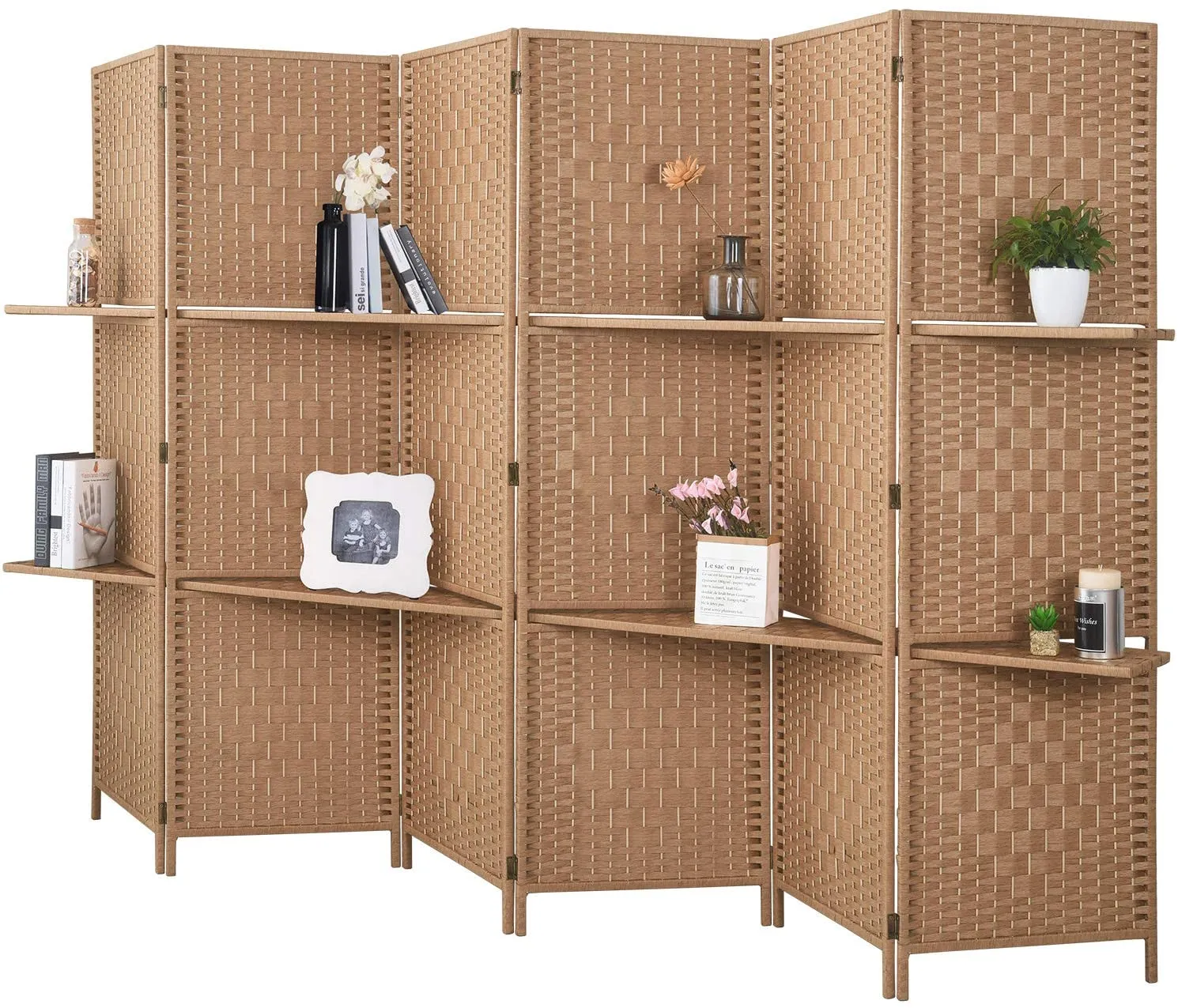6 ft Tall Extra Wide 6 Panels Room Divider Folding Screen 2 Display Shelves