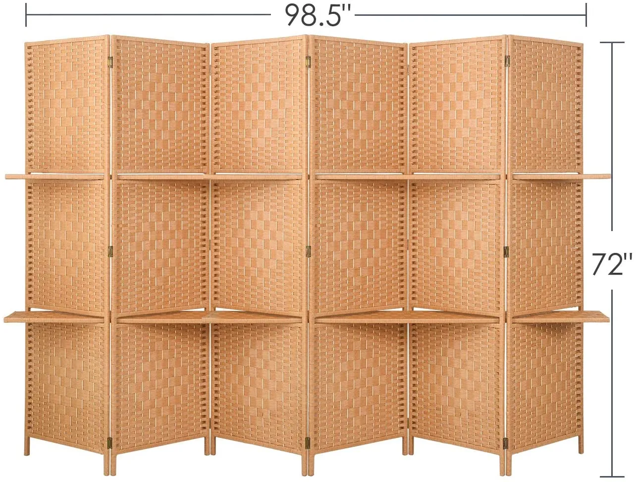 6 ft Tall Extra Wide 6 Panels Room Divider Folding Screen 2 Display Shelves