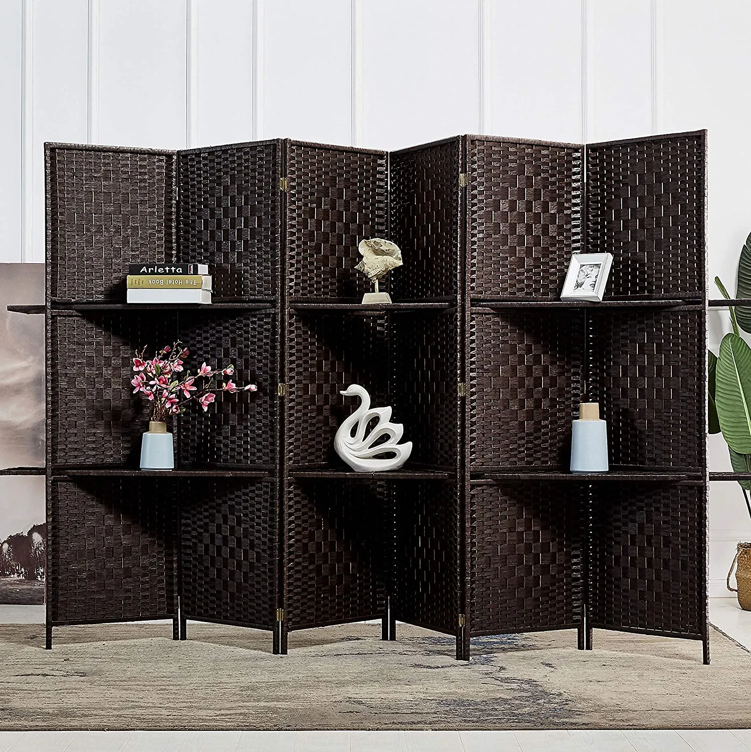 6 ft Tall Extra Wide 6 Panels Room Divider Folding Screen 2 Display Shelves
